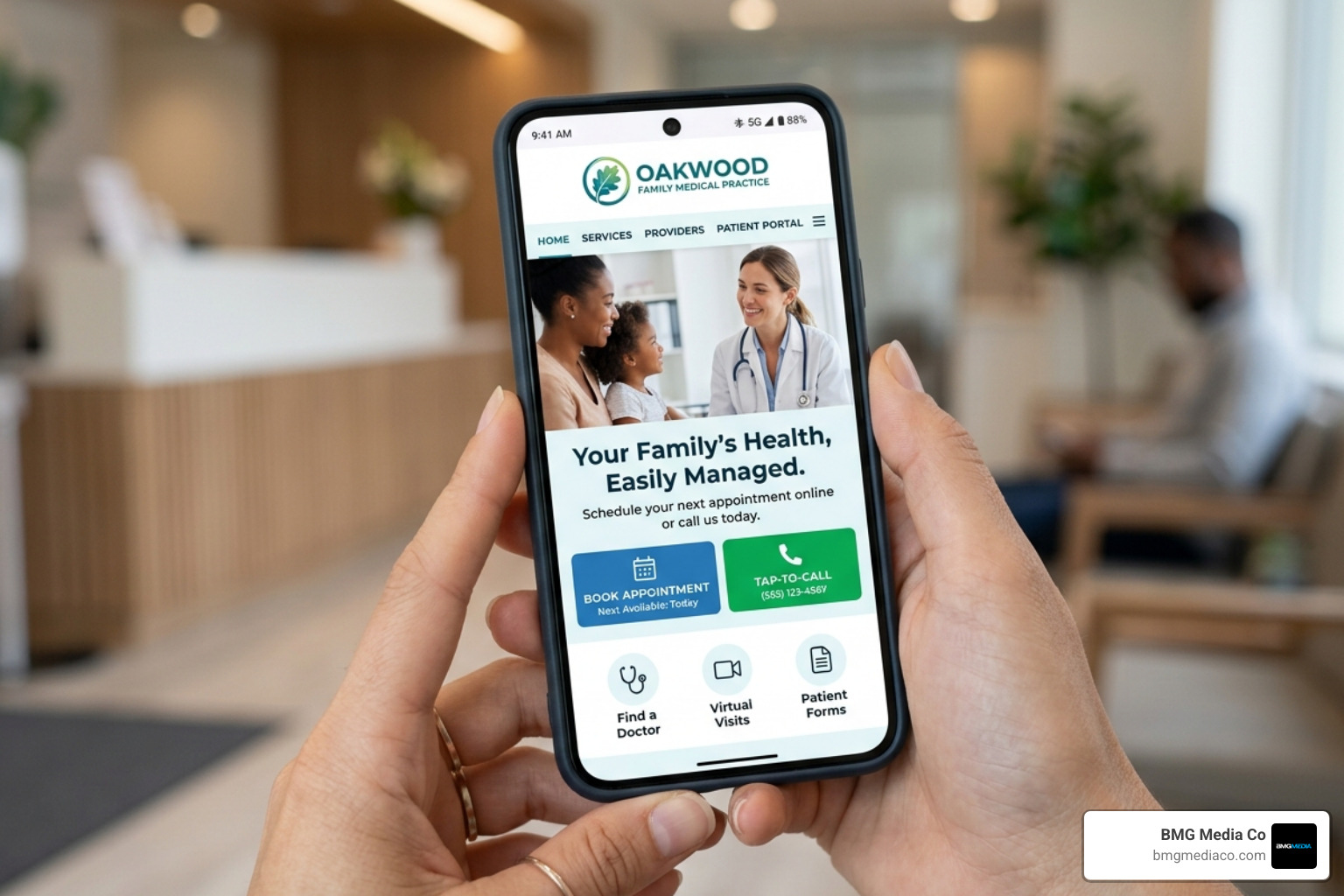 Mobile-optimized medical interface showing easy booking and tap-to-call buttons - health website design