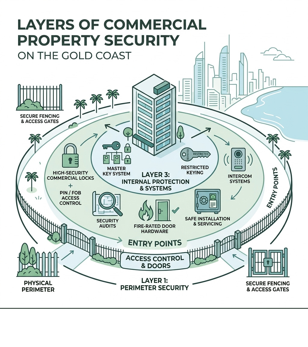Infographic showing layers of commercial property security on the Gold Coast - Commercial locksmith Gold Coast infographic 
