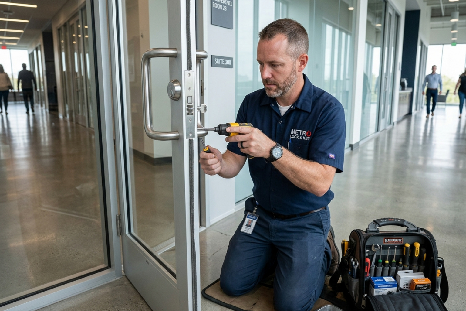 Locksmith installing high-security hardware on a commercial door - Commercial locksmith Gold Coast