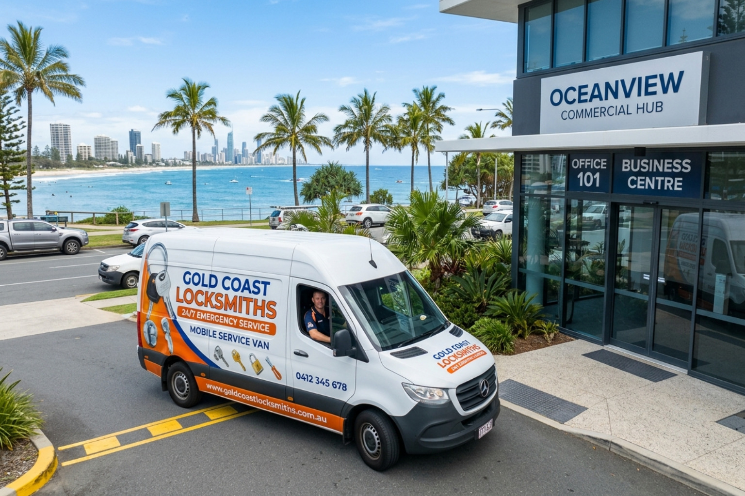 Mobile locksmith van arriving at a Gold Coast business - Commercial locksmith Gold Coast