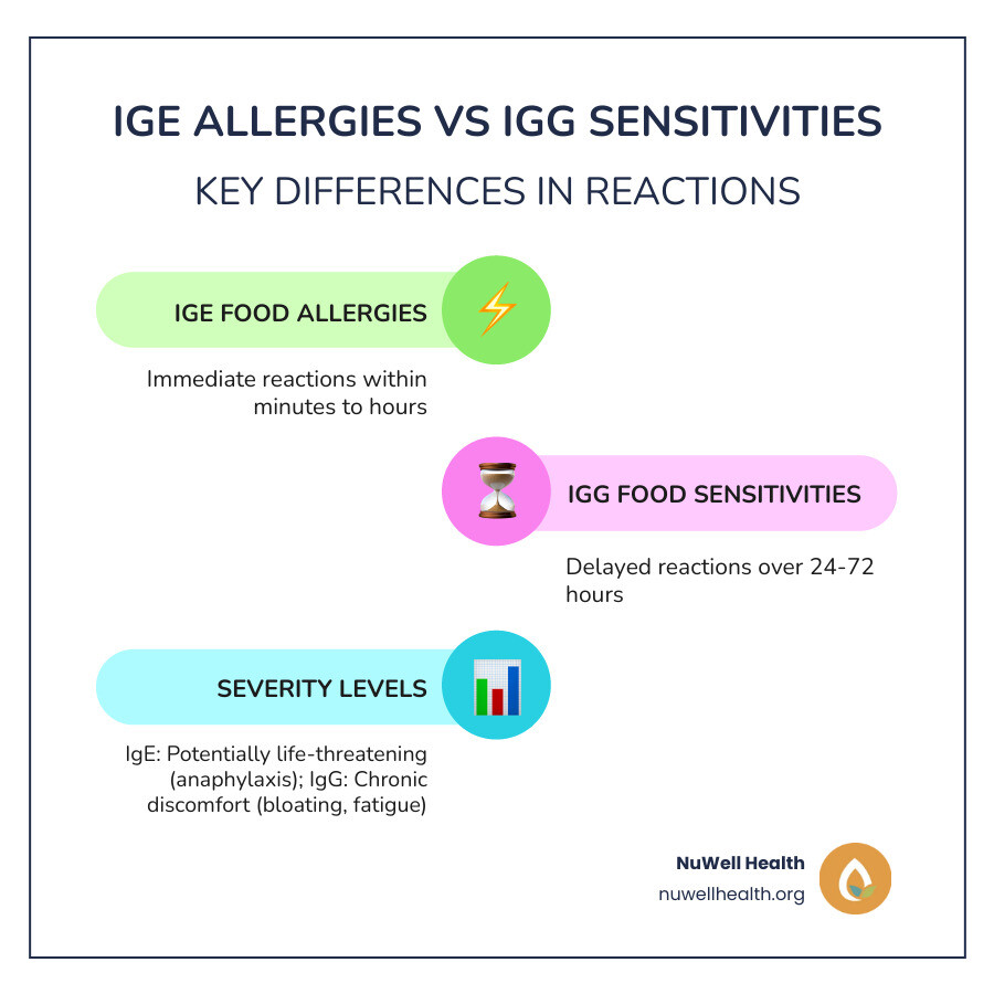 Infographic comparing IgE food allergies vs IgG food sensitivities symptoms onset and severity - food sensitivity testing