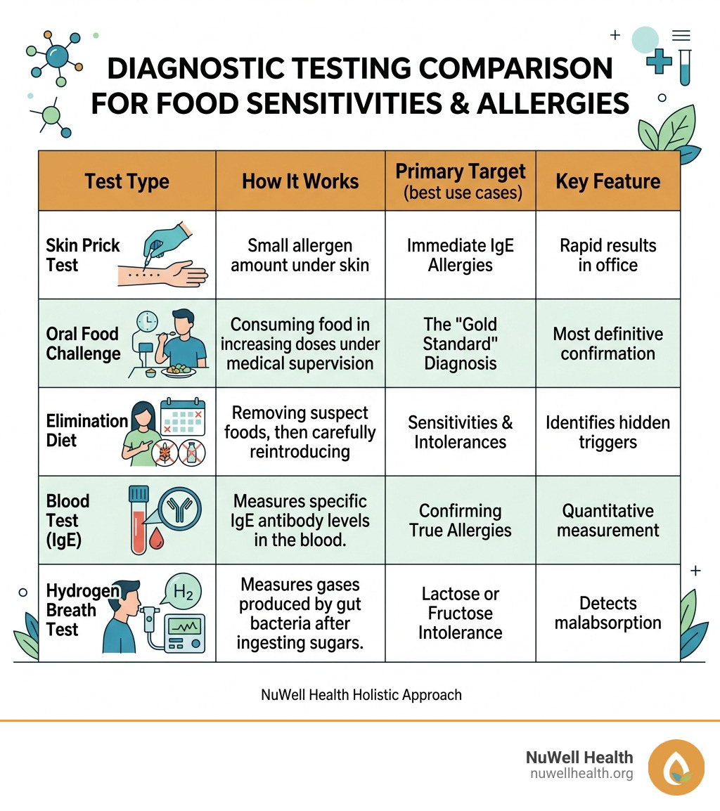 Diagnostic testing comparison chart for food sensitivities - food sensitivity specialist infographic 