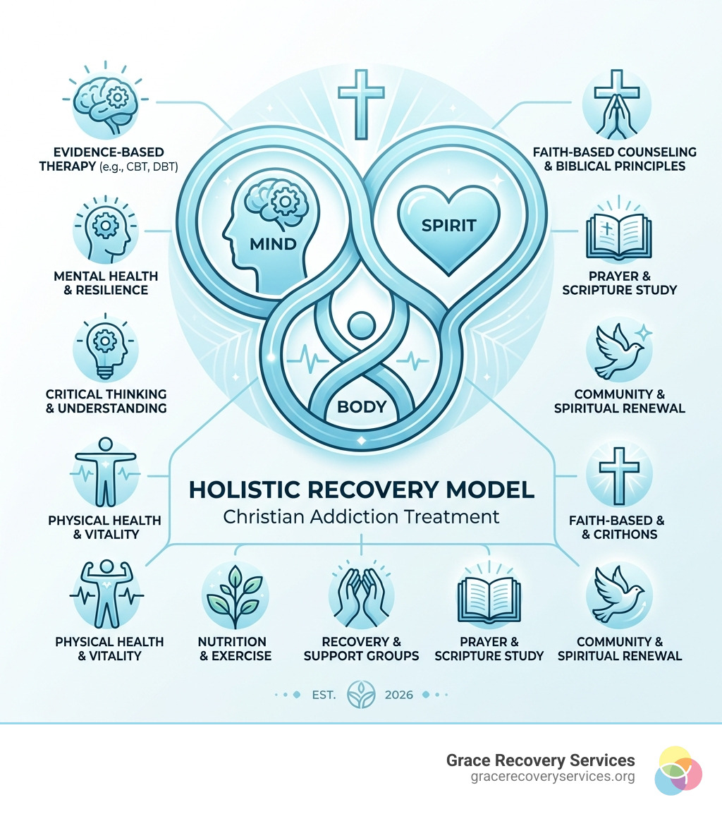 Holistic Mind-Body-Spirit recovery model for Christian addiction treatment infographic - Christian addiction recovery Holistic Mind-Body-Spirit recovery model for Christian addiction treatment infographic - Christian addiction recovery
