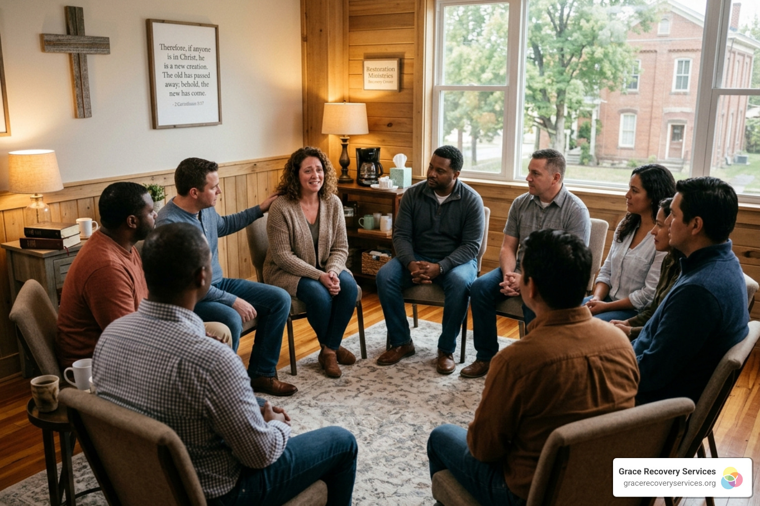 Supportive group counseling session at Grace Recovery Services - Christian addiction recovery program Supportive group counseling session at Grace Recovery Services - Christian addiction recovery program