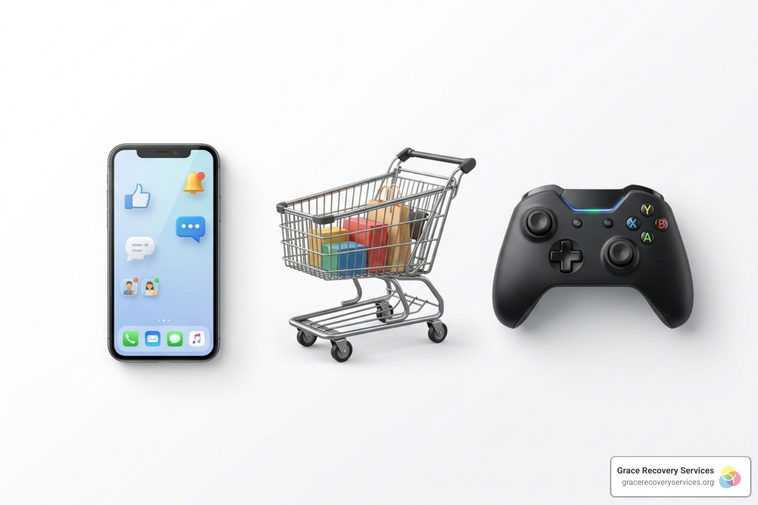 Icons of smartphones, shopping carts, and gaming controllers representing behavioral triggers - non substance addiction