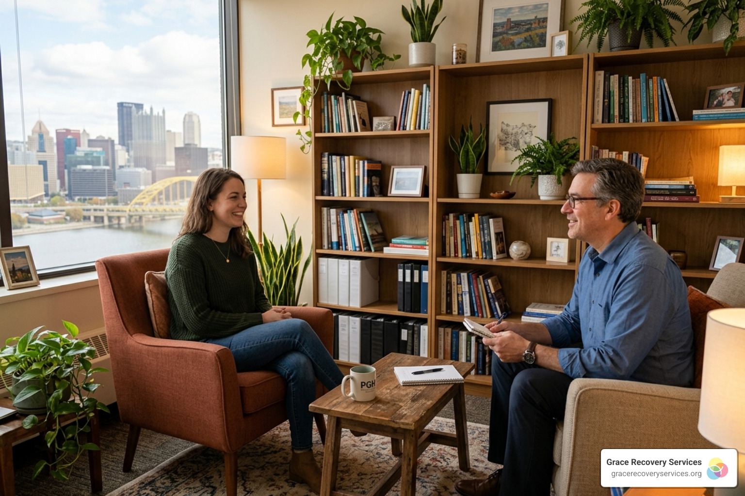 Client and counselor in a warm, supportive office environment in Pittsburgh - non substance addiction examples