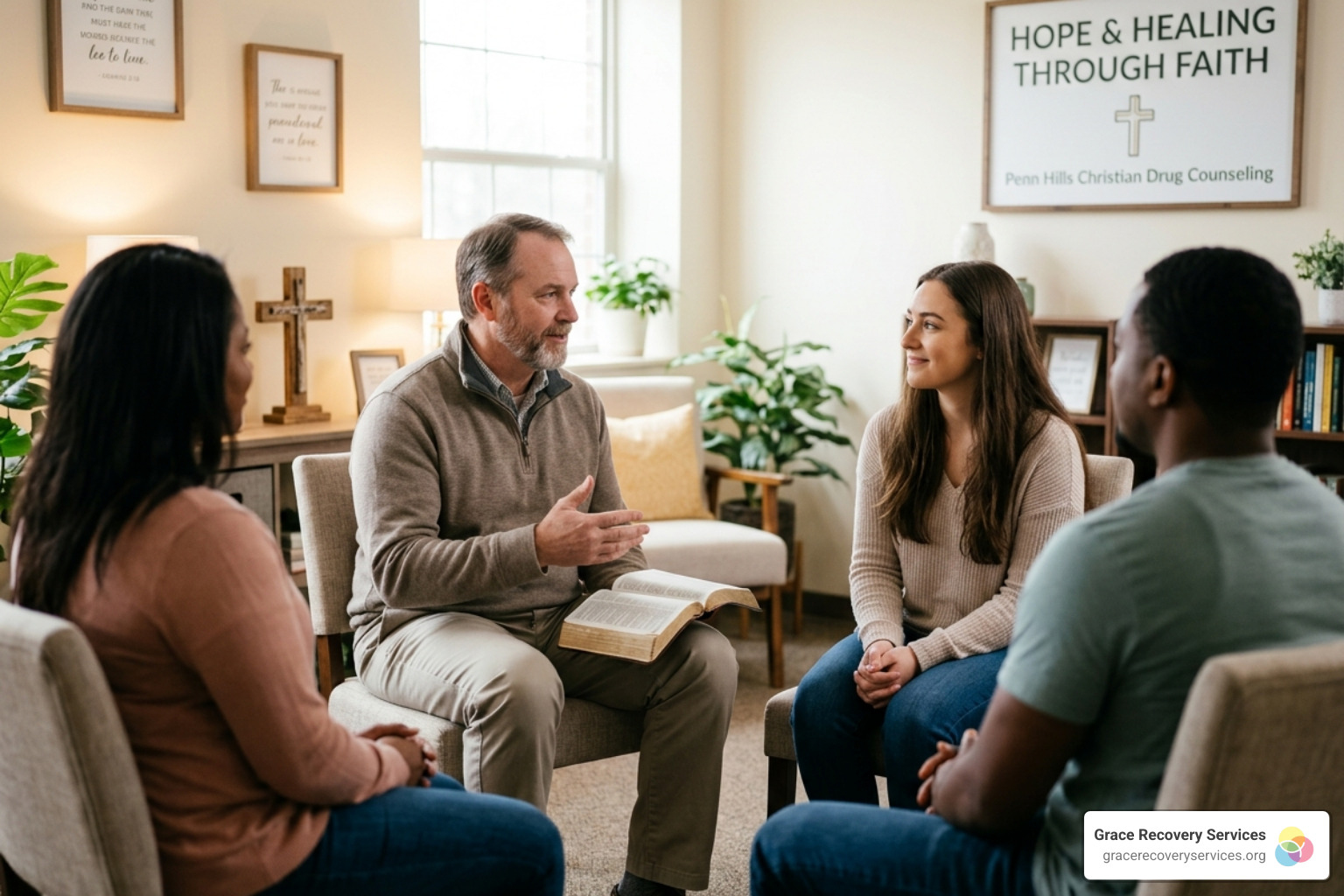 A supportive family circle sitting together, symbolizing unity and relational healing - Christian drug counseling Penn Hills