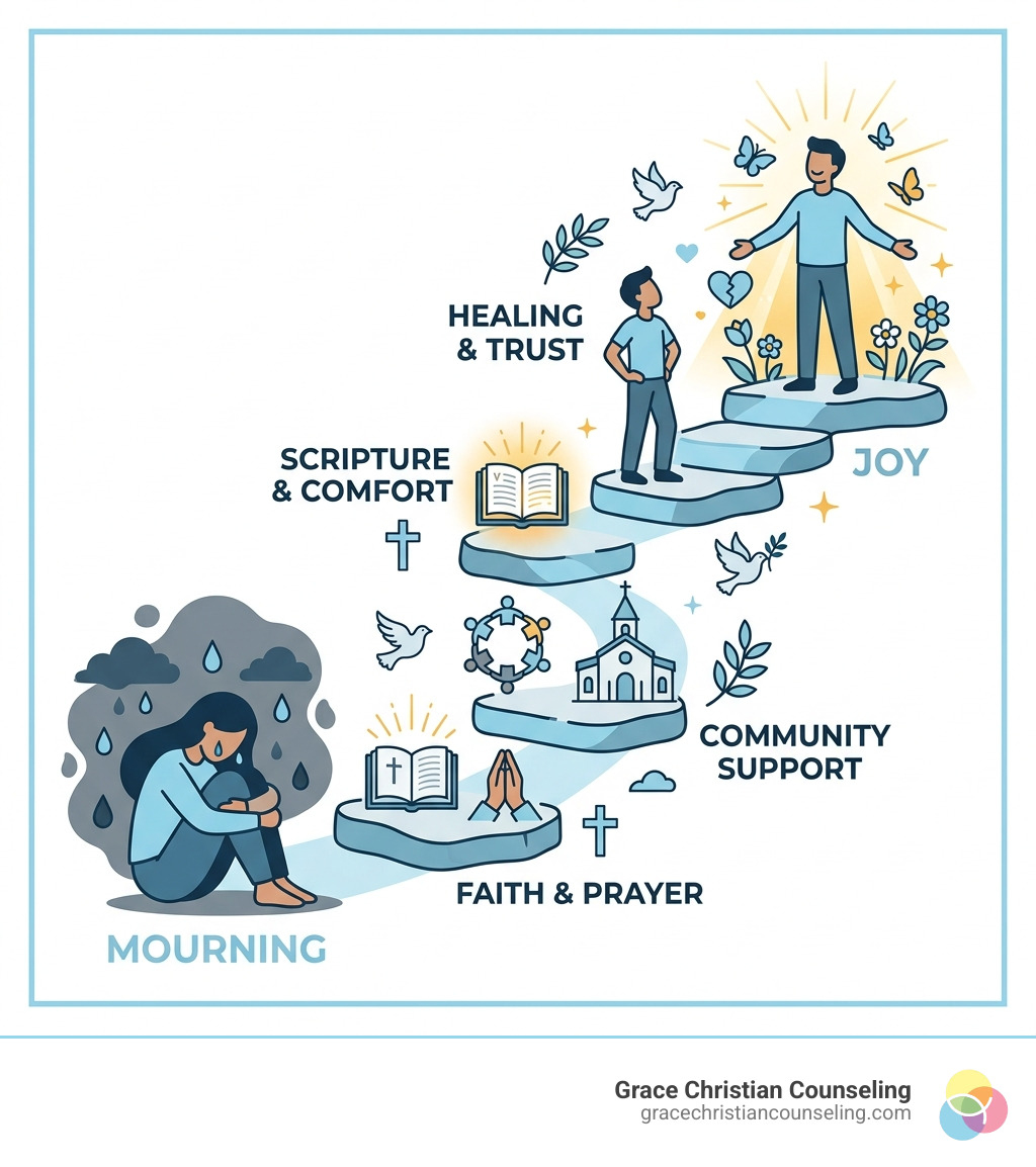 Infographic showing the journey from mourning to joy through faith-based grief support steps - Faith based grief support Infographic showing the journey from mourning to joy through faith-based grief support steps - Faith based grief support
