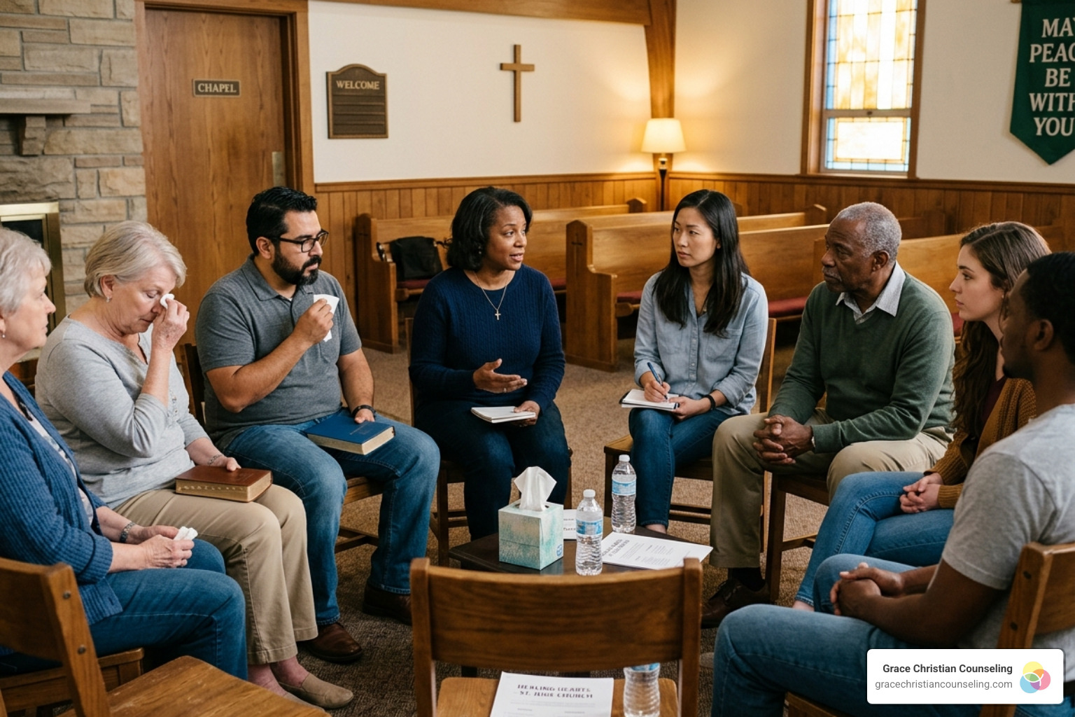 A supportive group of people gathered in a church setting for a grief seminar - Faith based grief support A supportive group of people gathered in a church setting for a grief seminar - Faith based grief support