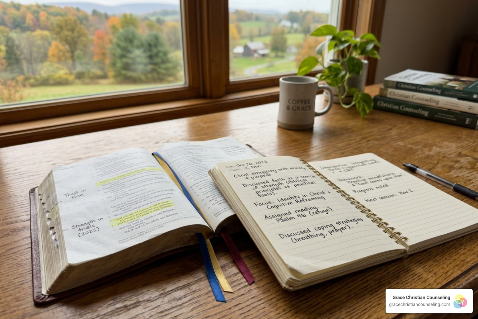 A Bible alongside a therapy journal representing the integration of faith and clinical practice - Bible based anxiety