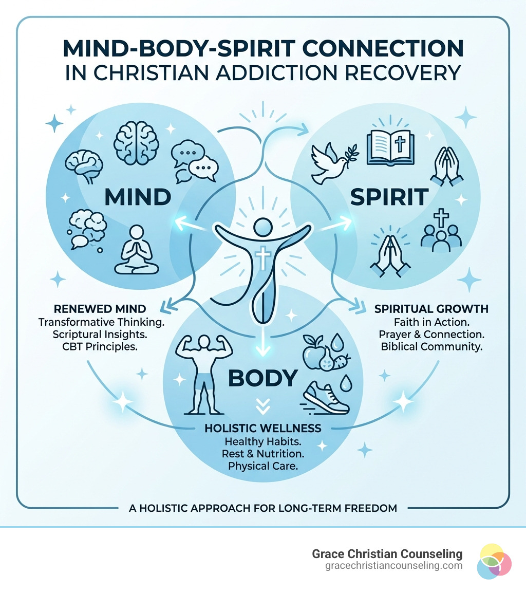 Mind-body-spirit connection in Christian addiction recovery infographic - addiction recovery christian therapy infographic 