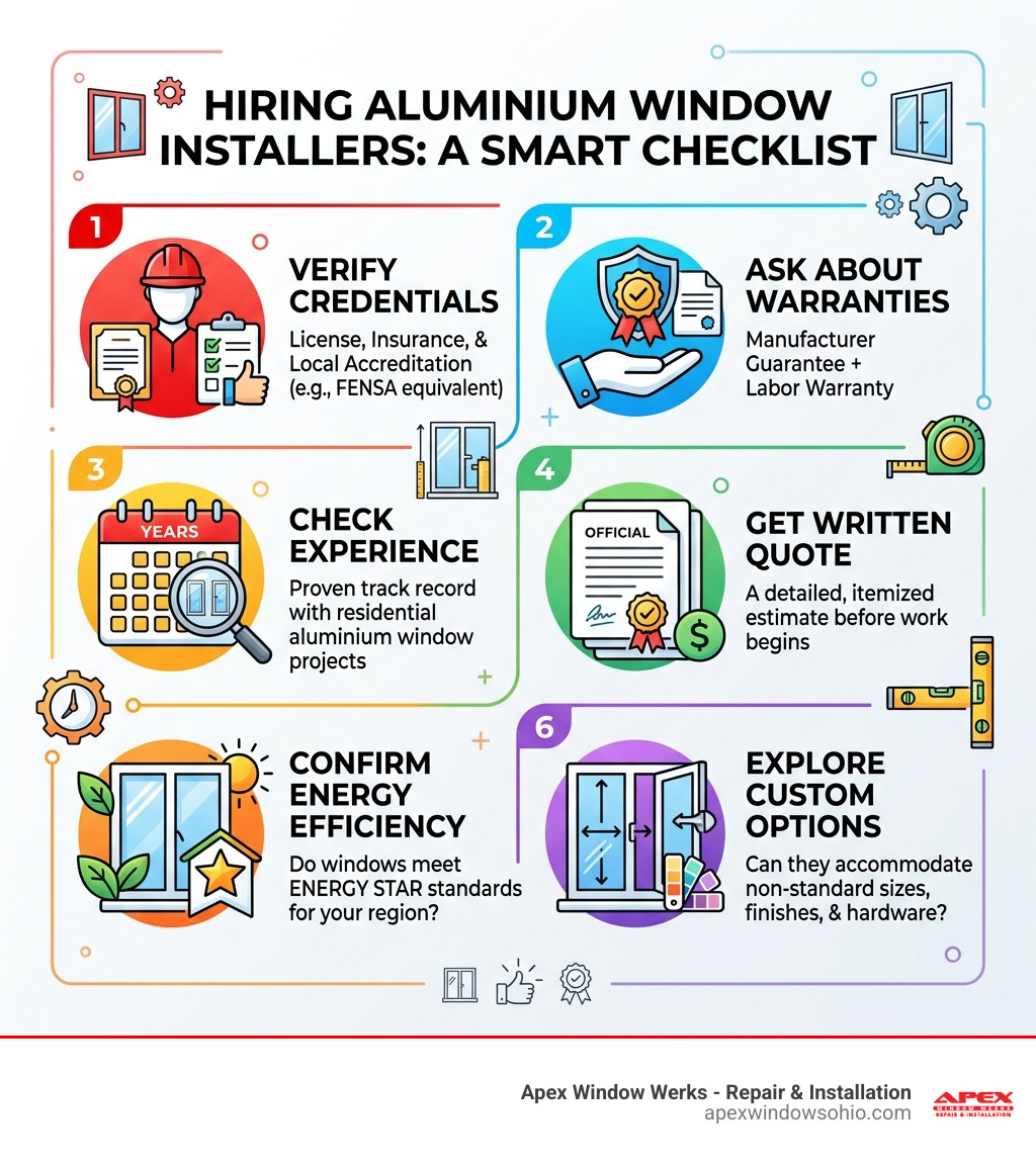 Checklist infographic for hiring aluminium window installers near me: credentials, warranty, experience, quote, energy