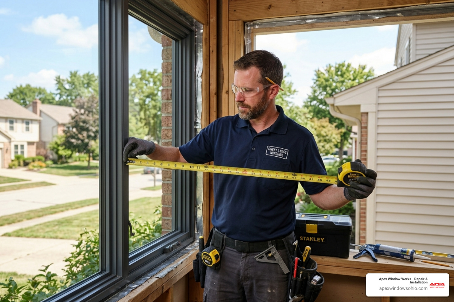 Professional window installer measuring an aluminium frame for a residential home in Ohio - aluminium window installers near