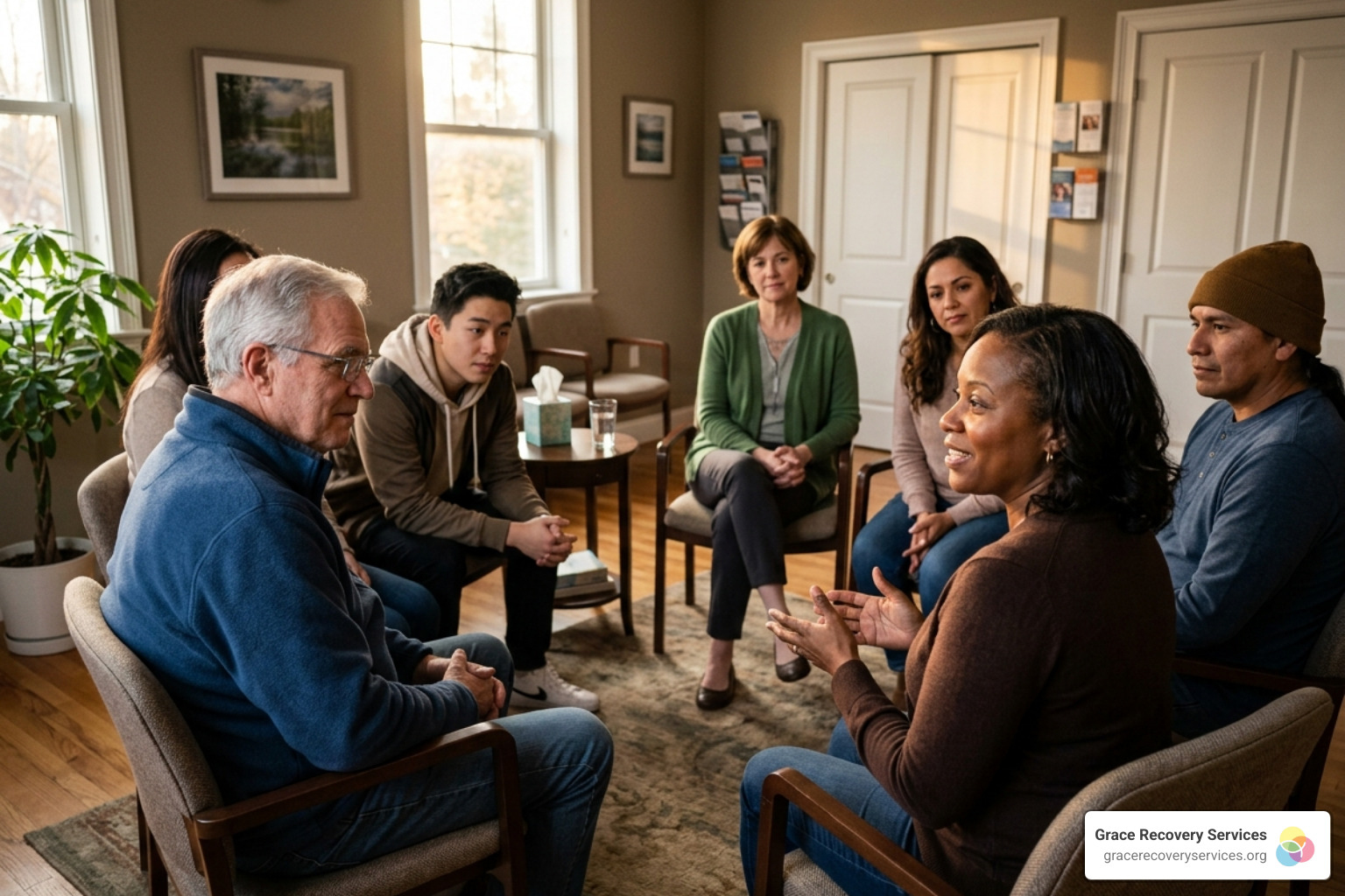 a supportive group therapy session where individuals are sharing and listening with empathy - iop program requirements