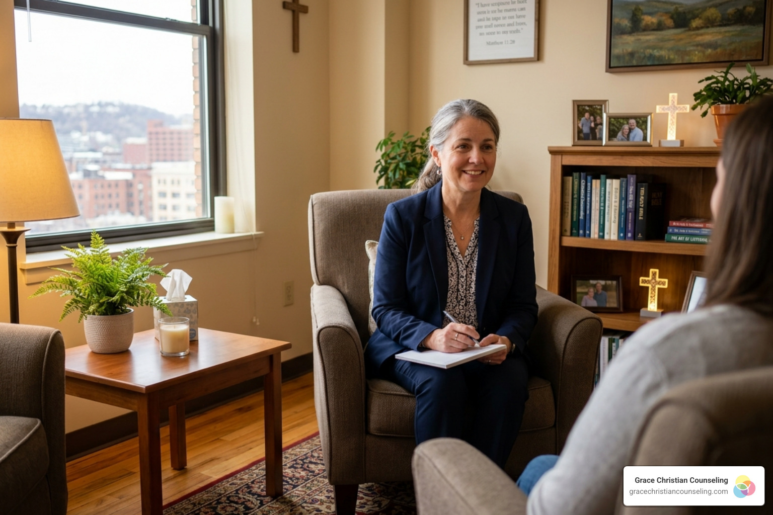 A professional Christian counselor in a warm, inviting office setting in Pittsburgh, ready to listen - faith based family