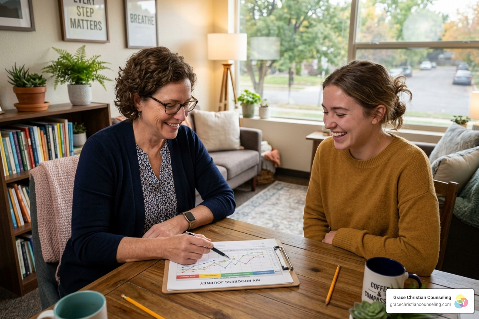 counselor and client reviewing a progress chart during a session - depression and anxiety counseling