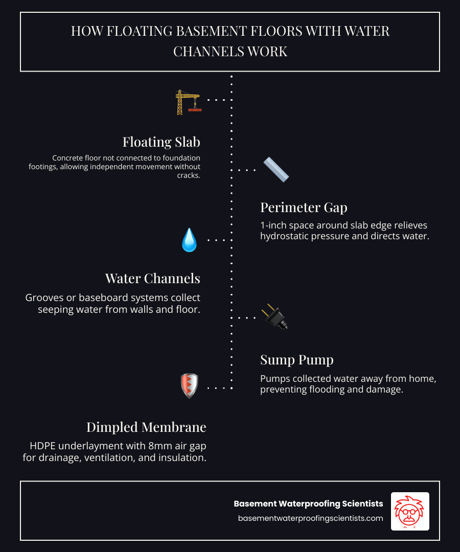 Infographic showing floating slab mechanics, perimeter gap, water channel flow, and sump pump connection - floating basement
