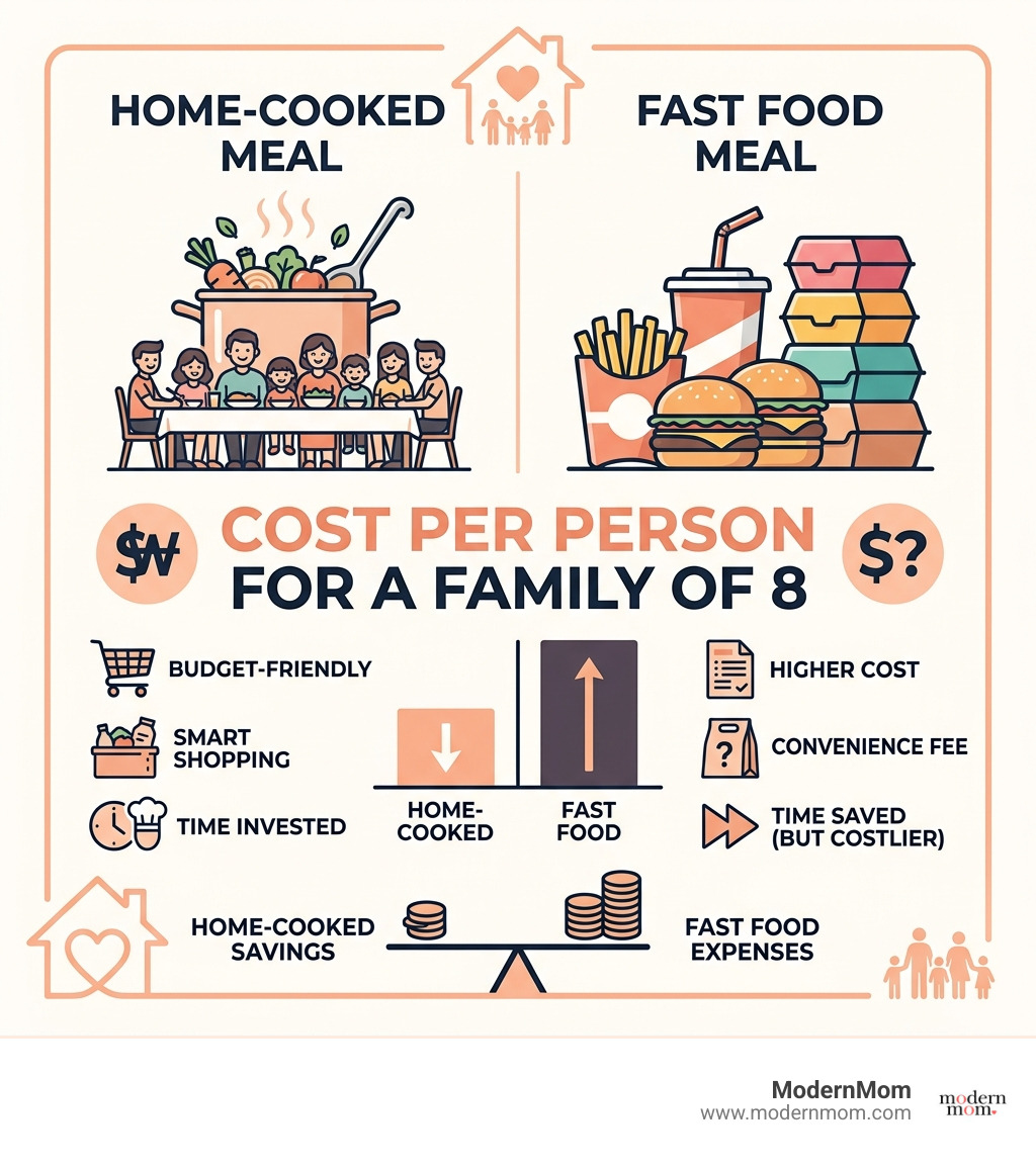 infographic comparing cost per person for home cooked meals vs fast food for a family of 8 - budgeting for large families infographic comparing cost per person for home cooked meals vs fast food for a family of 8 - budgeting for large families