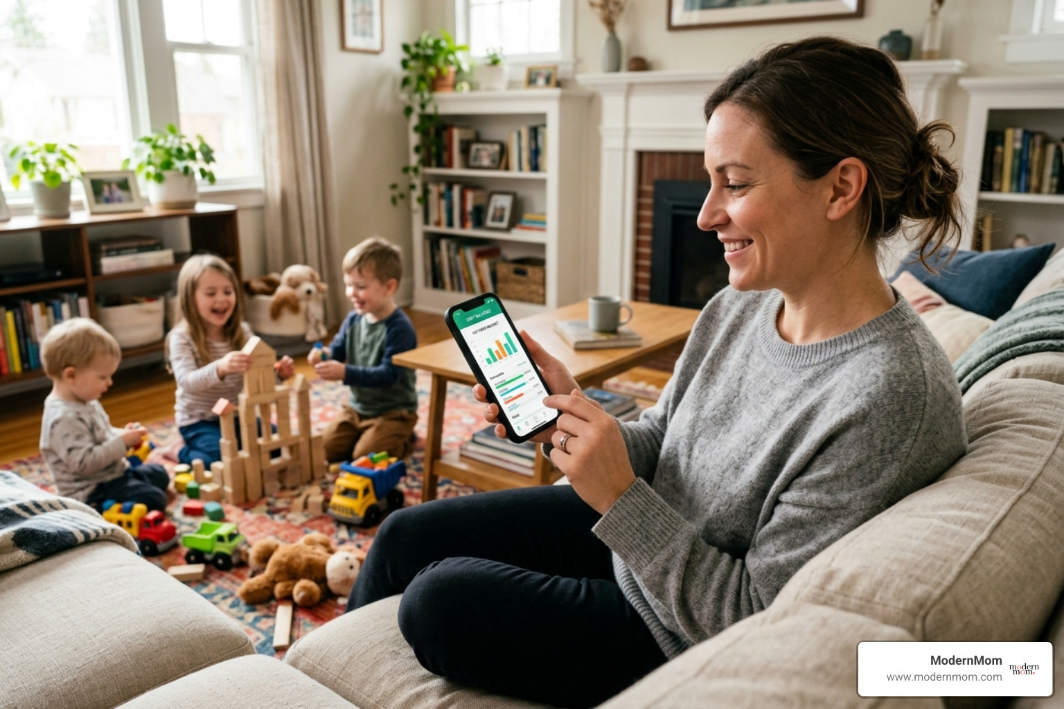 a parent using a modern budgeting app on their phone while kids play in the background - budgeting for large families a parent using a modern budgeting app on their phone while kids play in the background - budgeting for large families