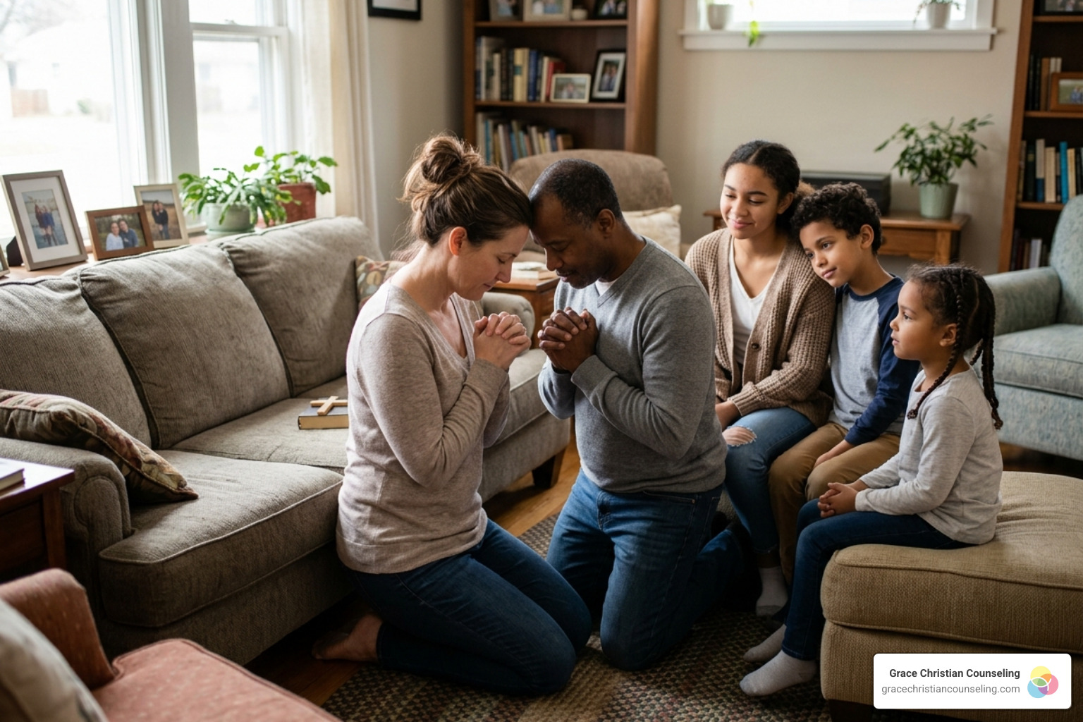 a Christian couple praying together for their blended family - blended family faith counseling