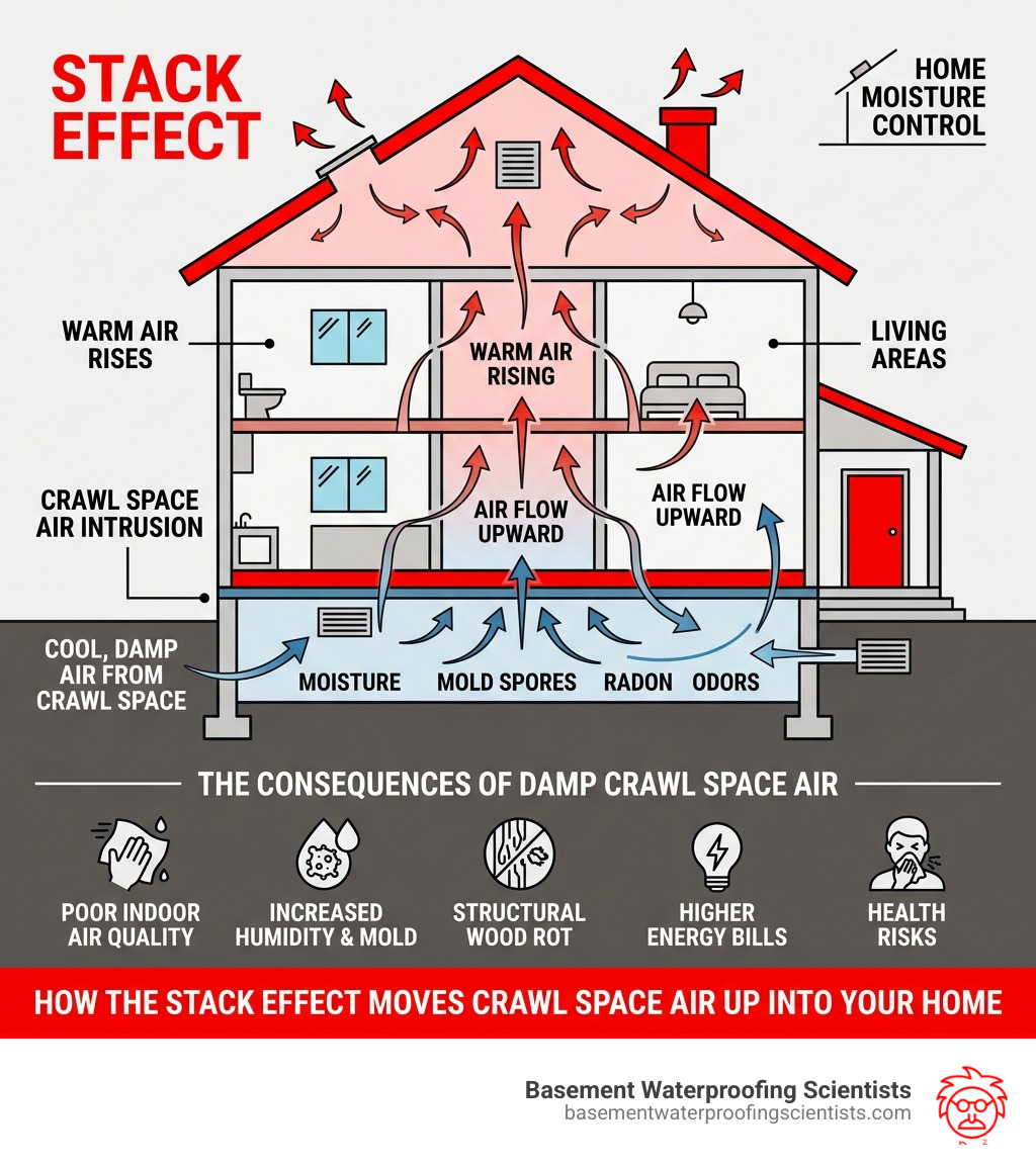 Infographic showing the stack effect and how crawl space air moves up into living areas - crawl space moisture control