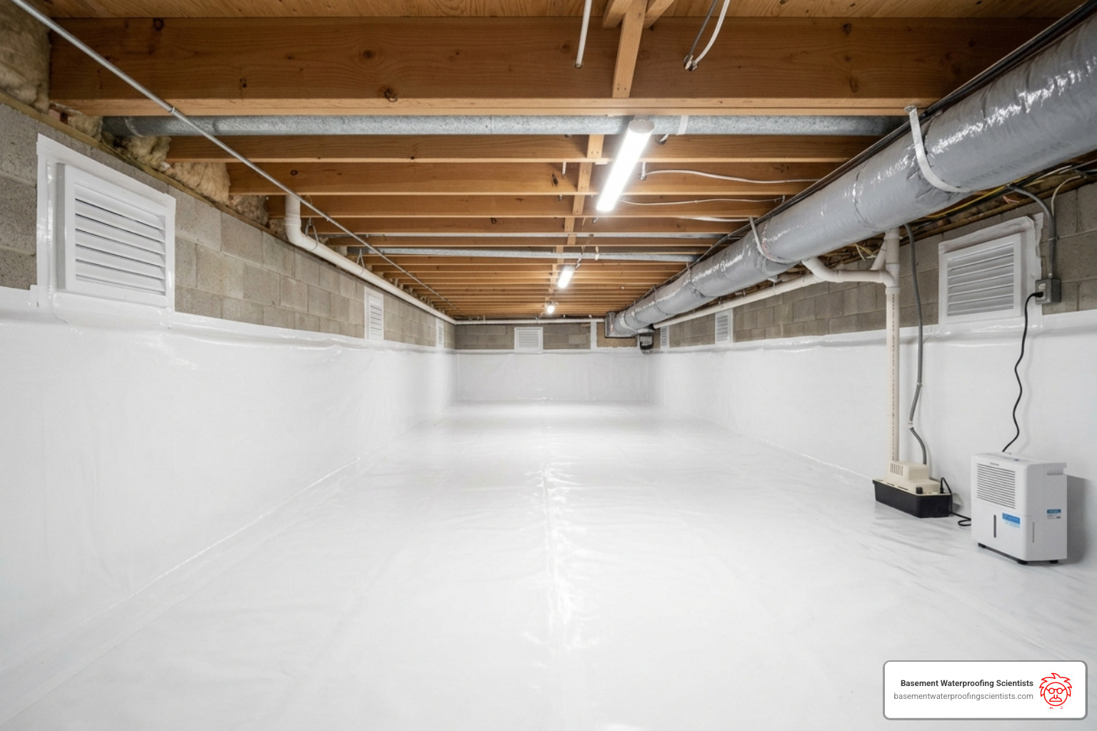 A clean, white encapsulated crawl space - crawl space moisture control
