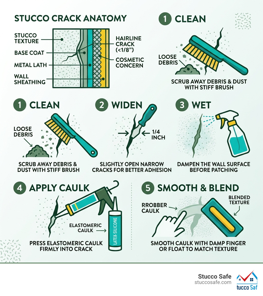 Infographic showing 5 steps to fix hairline cracks in stucco with crack anatomy diagram - how to fix hairline cracks in Infographic showing 5 steps to fix hairline cracks in stucco with crack anatomy diagram - how to fix hairline cracks in