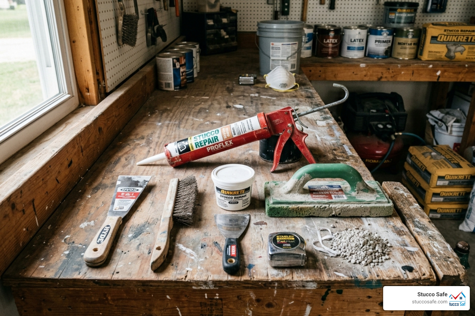 Assortment of stucco repair tools including a caulking gun, rubber float, and wire brush - how to fix hairline cracks in Assortment of stucco repair tools including a caulking gun, rubber float, and wire brush - how to fix hairline cracks in