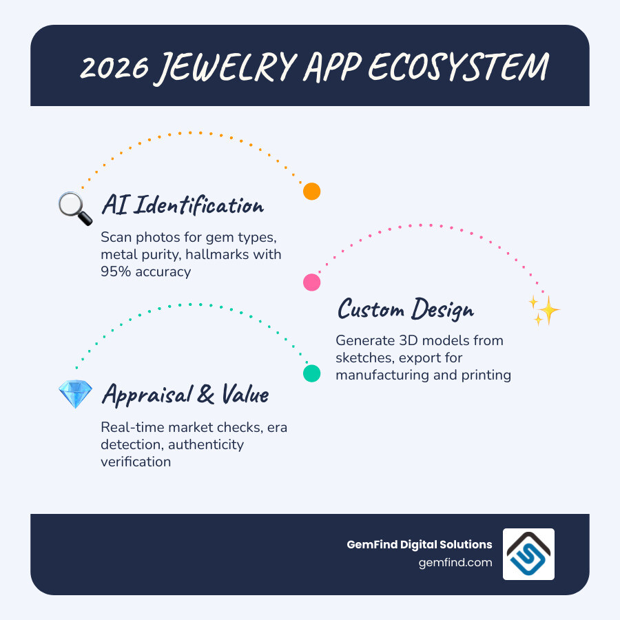 2026 jewelry app ecosystem infographic showing categories: identification, design, appraisal, collection management - best