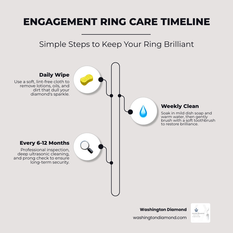 Engagement ring care timeline infographic for 2026 showing daily, weekly, and annual tasks - Engagement ring care