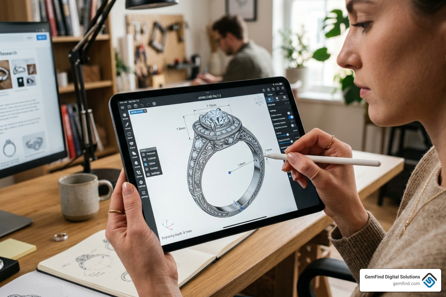 A 3D jewelry model being edited on a tablet showing intricate ring details - best apps for jewelry