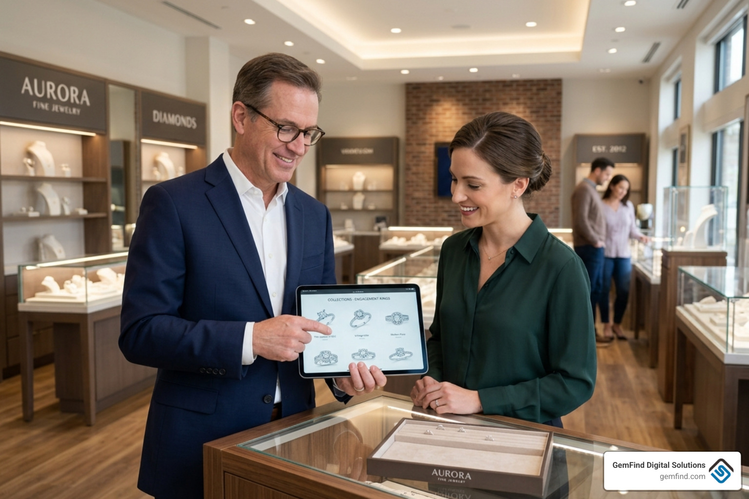 A professional jeweler in a modern showroom using a tablet to show a client digital inventory - best apps for jewelry
