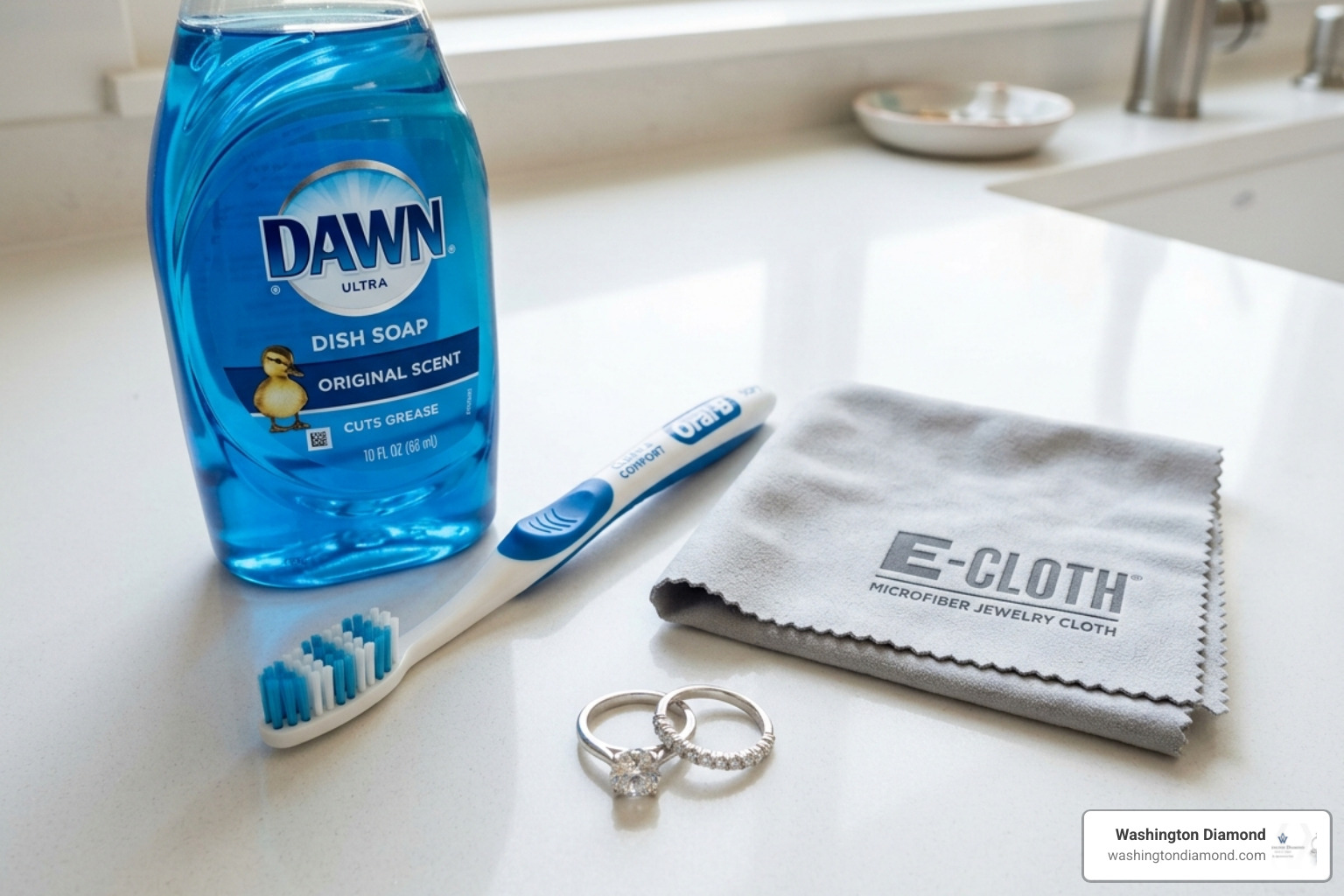At-home jewelry cleaning supplies including mild soap, a soft brush, and a lint-free cloth - Engagement ring care