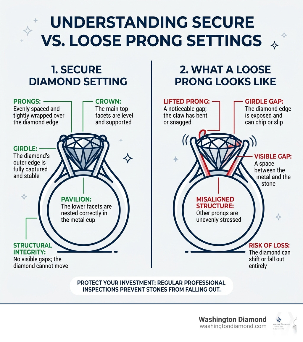 Infographic showing the anatomy of a secure diamond setting and what a loose prong looks like - Engagement ring care