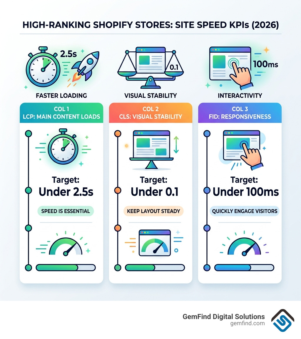 Infographic comparing site speed KPIs for high-ranking Shopify stores - shopify seo ranking infographic 