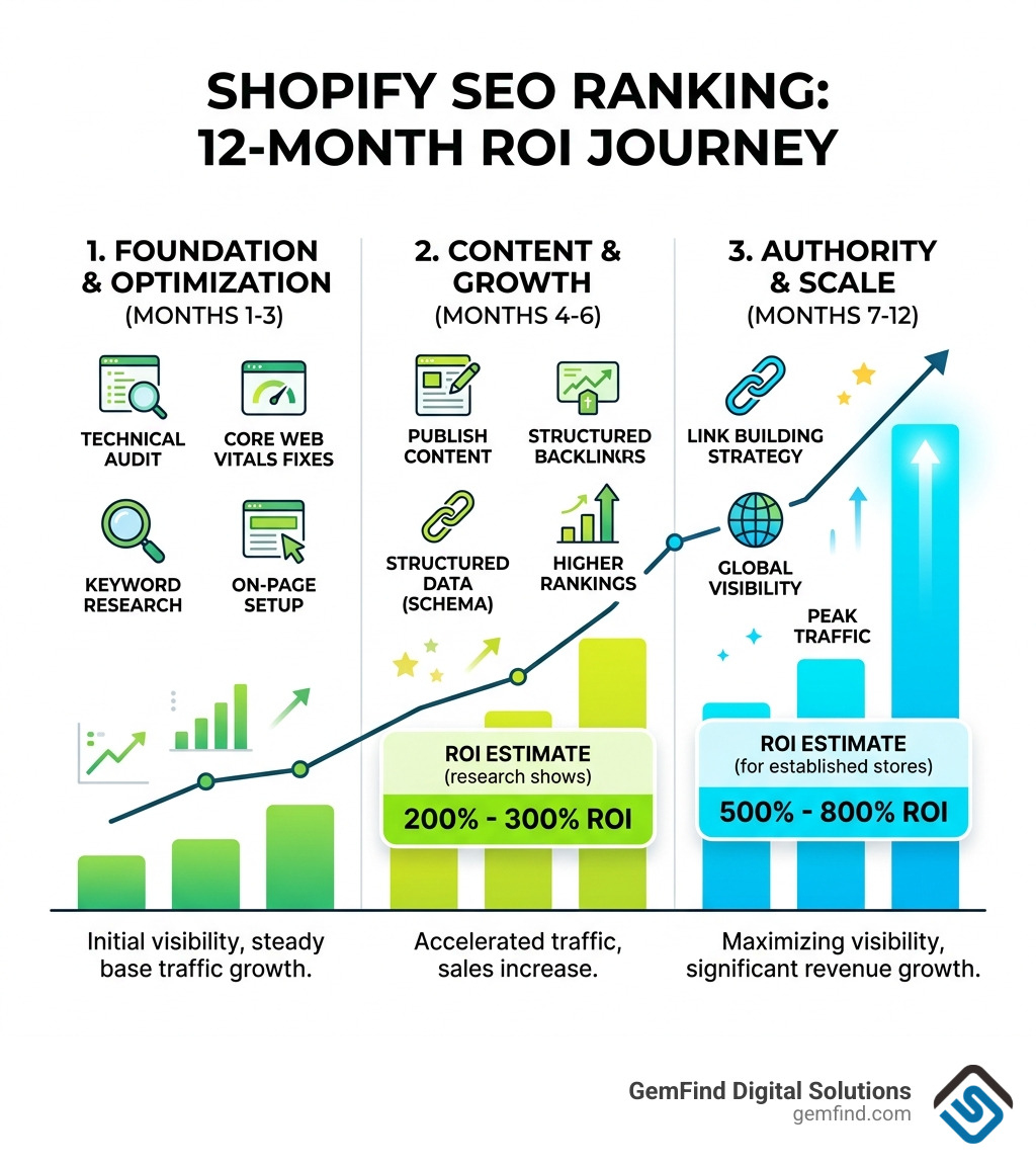 Shopify SEO ranking ROI over 12 months: stages, traffic growth, and ROI percentages - shopify seo ranking infographic 