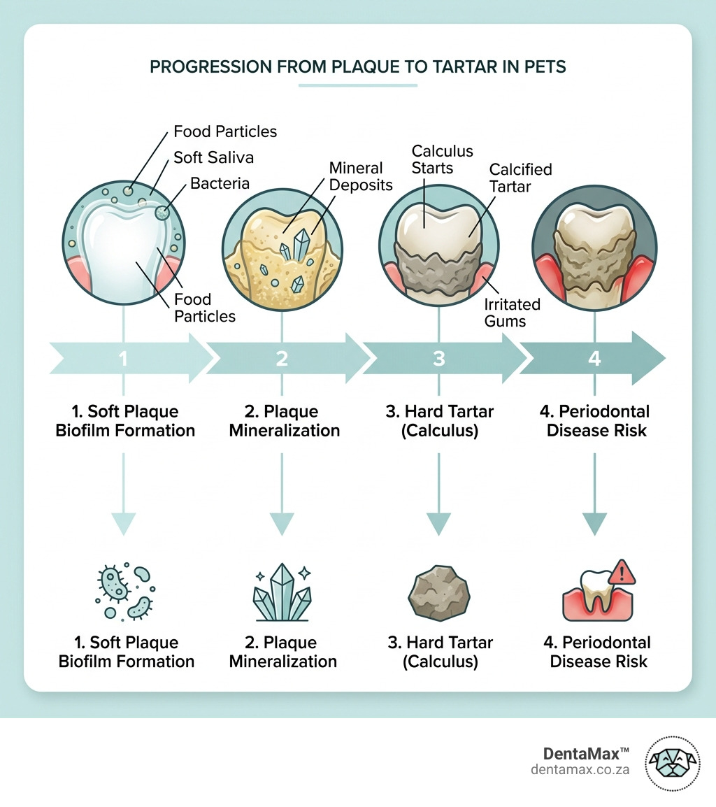 Infographic showing the progression from soft plaque biofilm to calcified tartar in dogs and cats - kelp for pet tartar