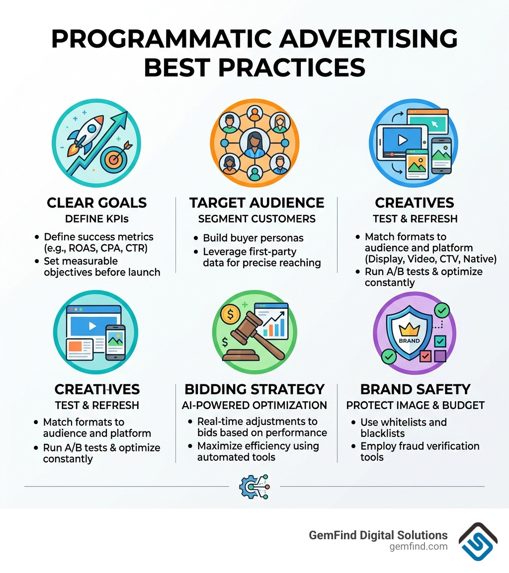 Programmatic advertising best practices infographic: goals, audience, creatives, bidding, brand safety - Programmatic