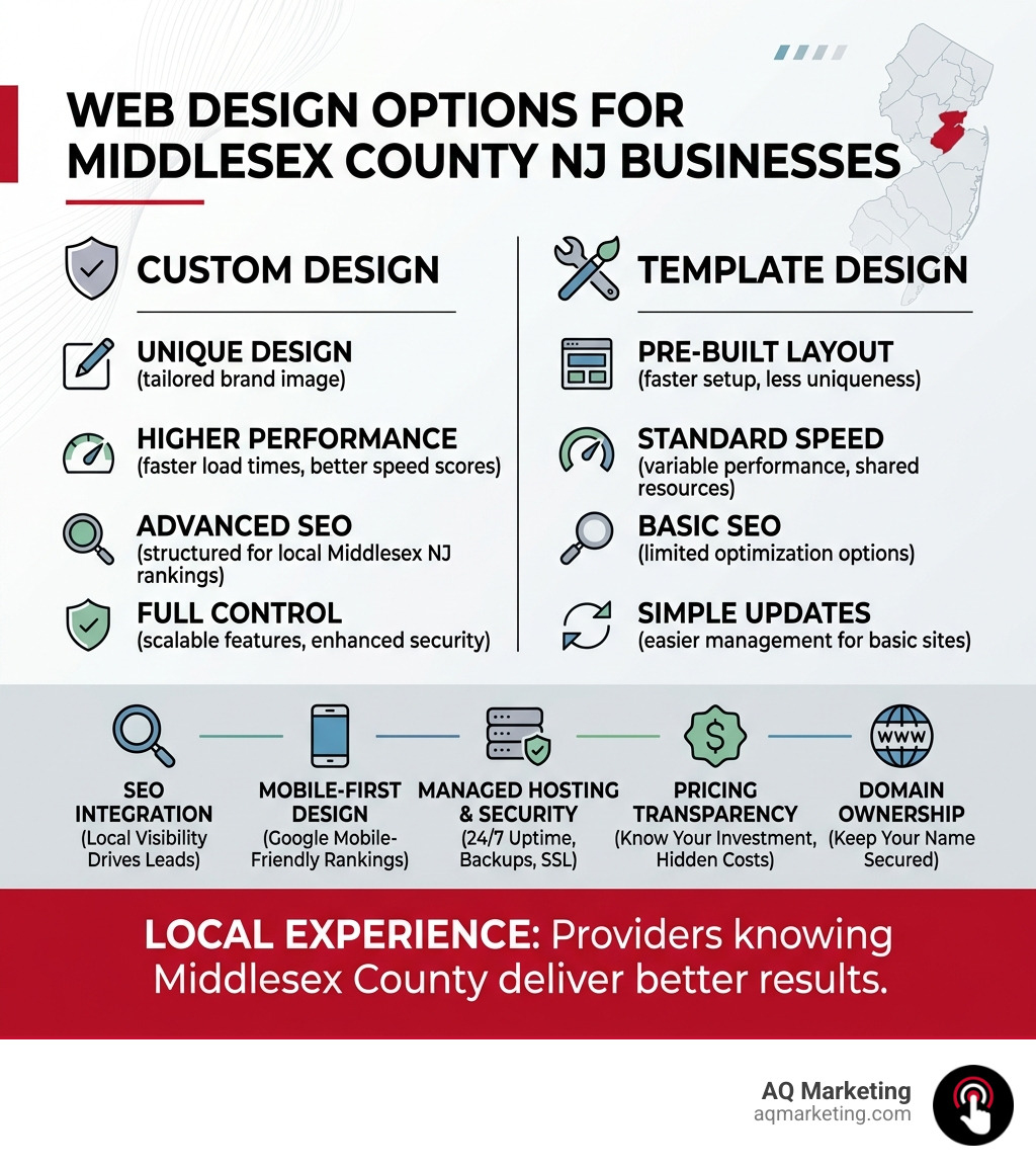 Infographic comparing web design options for Middlesex County NJ businesses including custom vs template SEO hosting and Infographic comparing web design options for Middlesex County NJ businesses including custom vs template SEO hosting and