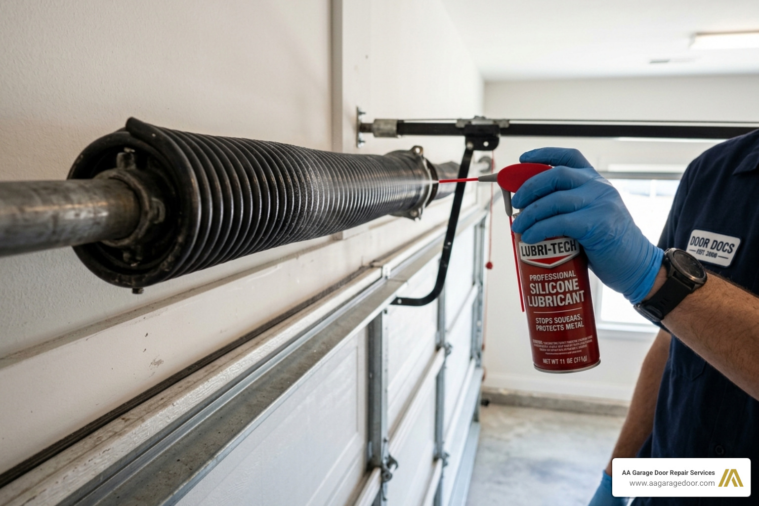 Professional close-up of a garage door torsion spring being lightly coated with silicone spray lubricant - garage door track
