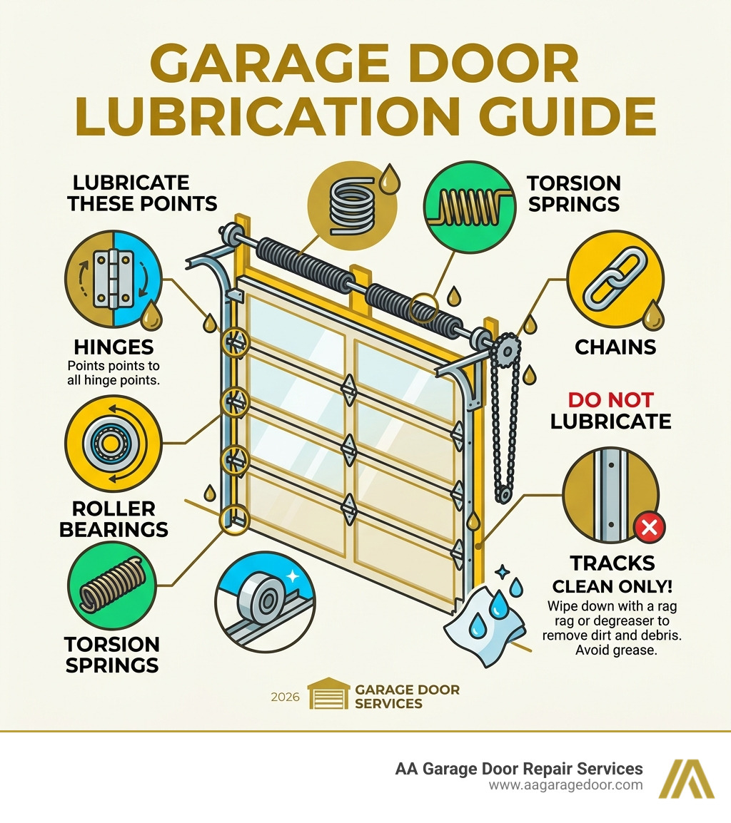 Infographic showing garage door lubrication points: hinges, roller bearings, torsion springs, chains — with tracks marked