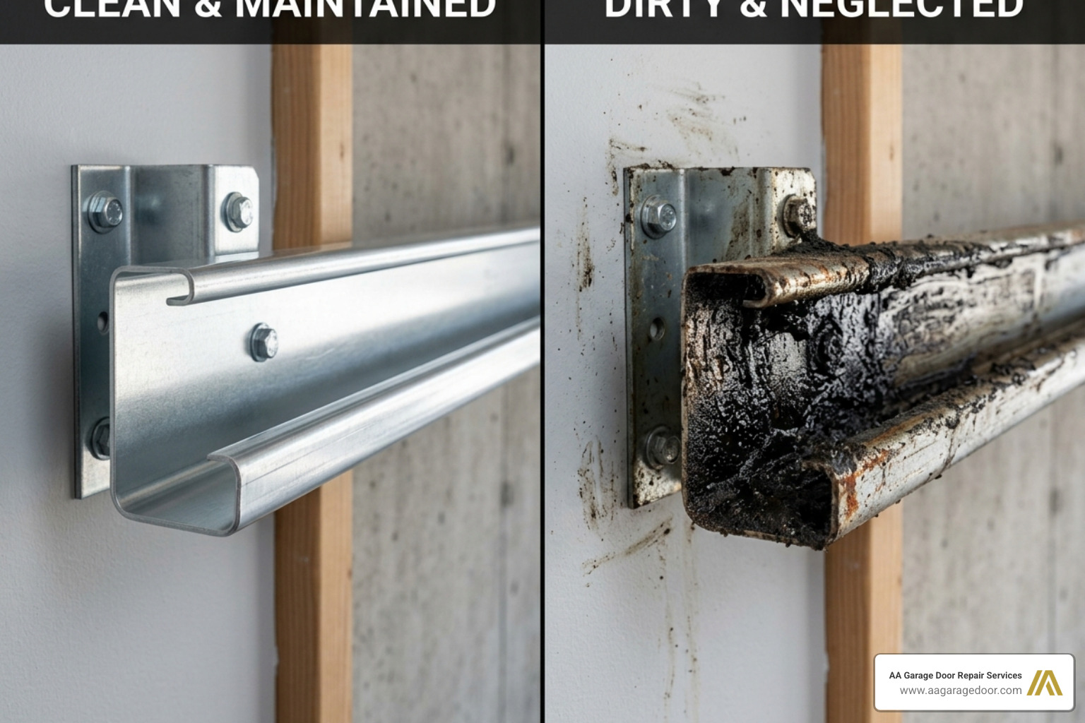 Side-by-side comparison of a clean, shiny garage door track vs a track filled with black, greasy sludge and dirt - garage