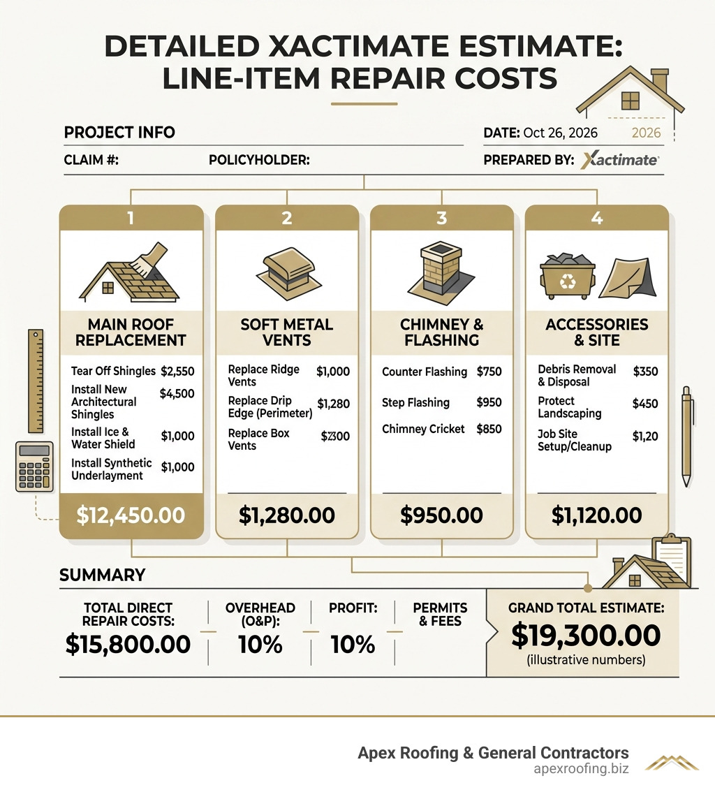 detailed Xactimate estimate showing line-item repair costs - insurance adjuster meeting infographic detailed Xactimate estimate showing line-item repair costs - insurance adjuster meeting infographic