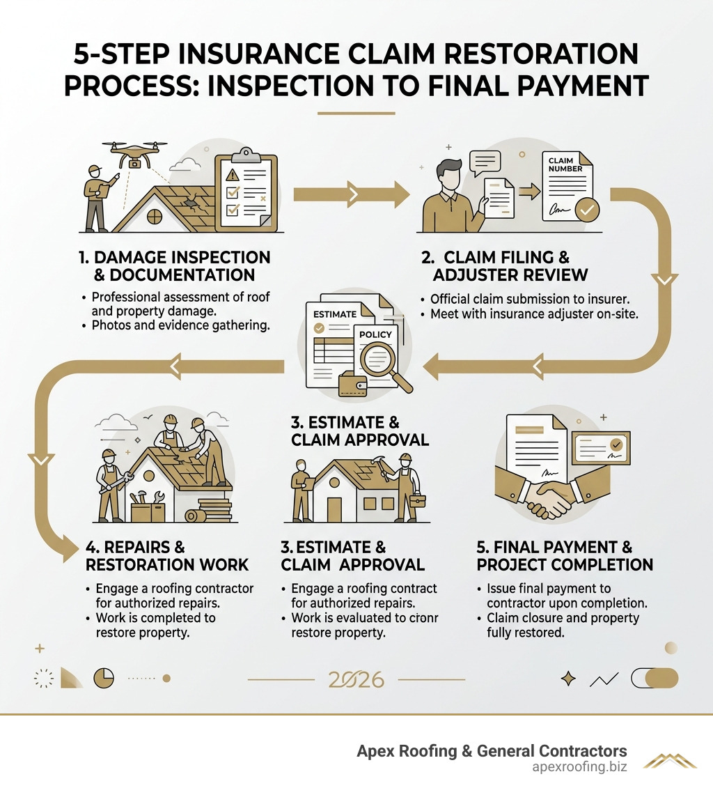 5-step insurance claim restoration process from inspection to final payment - insurance adjuster meeting infographic 5-step insurance claim restoration process from inspection to final payment - insurance adjuster meeting infographic