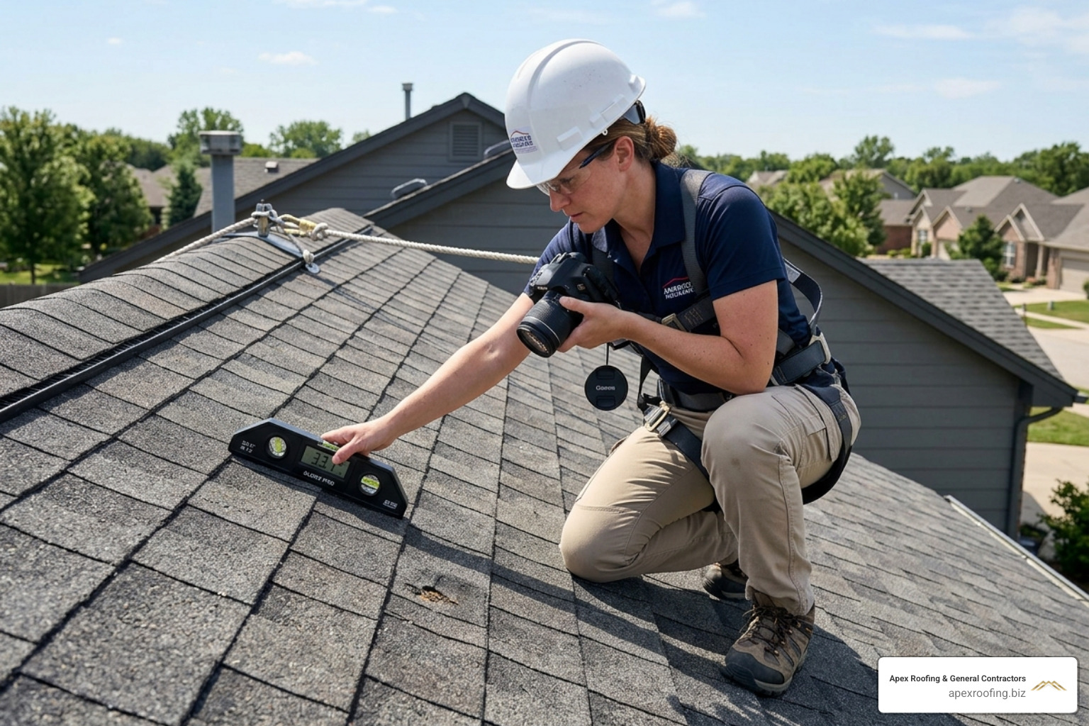 insurance adjuster using a pitch gauge and camera on a residential roof - insurance adjuster meeting insurance adjuster using a pitch gauge and camera on a residential roof - insurance adjuster meeting