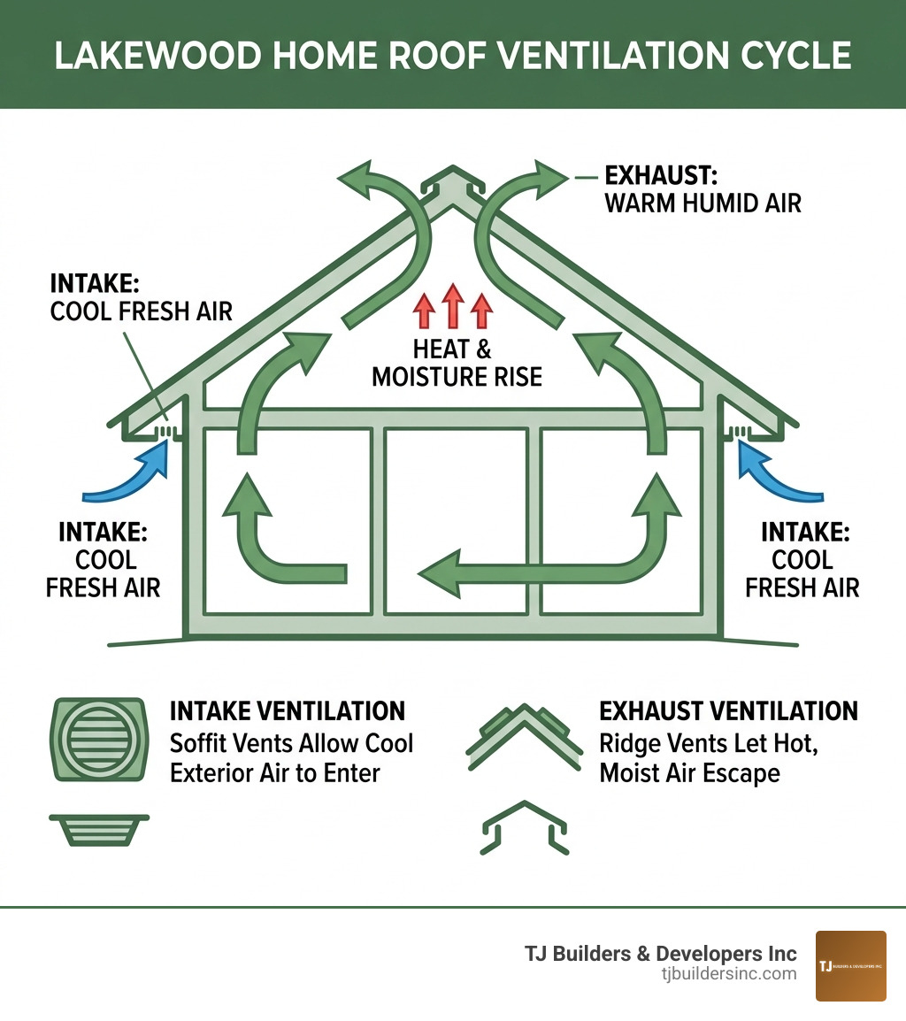 Intake and exhaust roof ventilation cycle diagram for Lakewood homes - best roof ventilation Lakewood infographic 