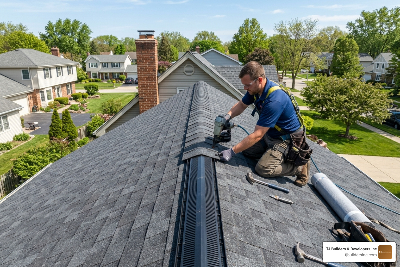 Ridge vent installation on a Lakewood residential roof - best roof ventilation Lakewood