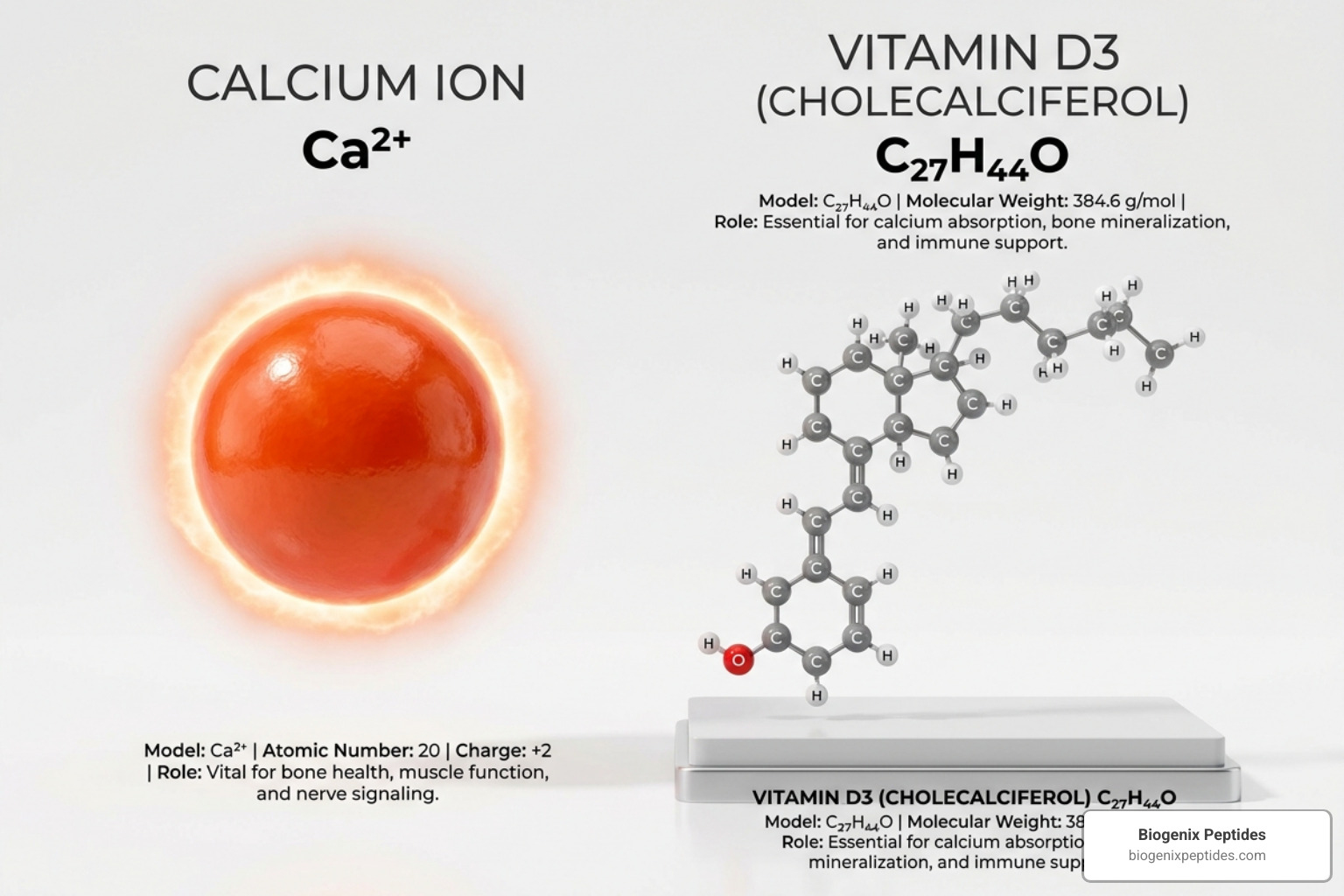 molecular structures of calcium and vitamin D3 molecules - peptides for bone density improvement