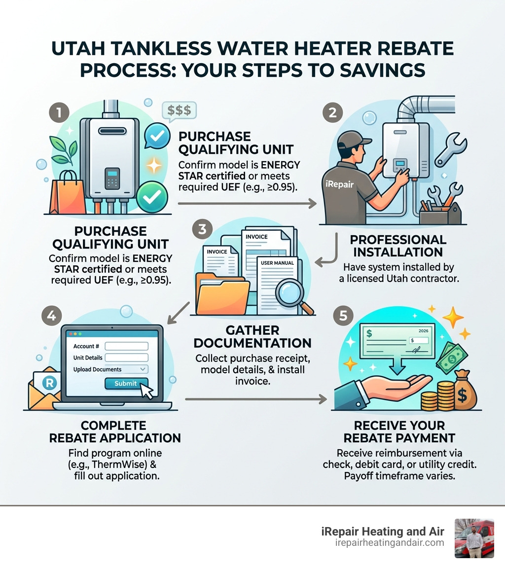 Step-by-step infographic of the Utah tankless water heater rebate process from purchase to payment - tankless water heater