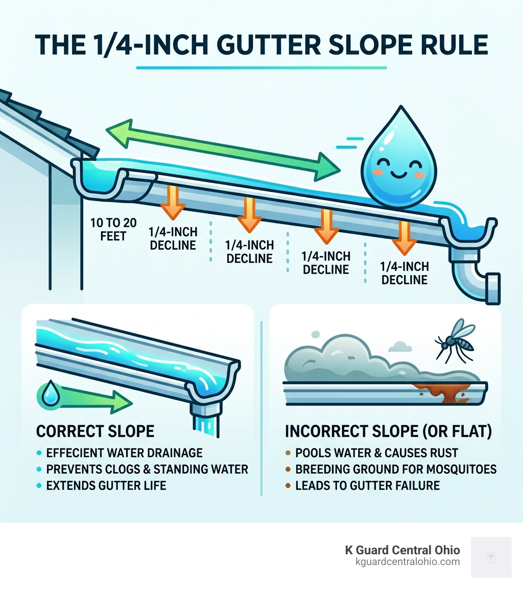 Infographic showing the 1/4-inch gutter slope rule - clean gutters infographic Infographic showing the 1/4-inch gutter slope rule - clean gutters infographic